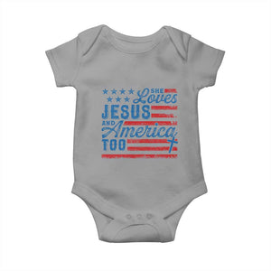 Funny She Loves Jesus And America Too Baby Onesie 4th Of July Christian American Flag TS11 Sport Gray Print Your Wear