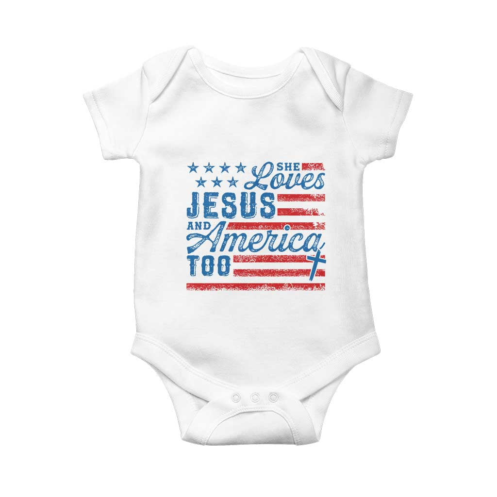Funny She Loves Jesus And America Too Baby Onesie 4th Of July Christian American Flag TS11 White Print Your Wear