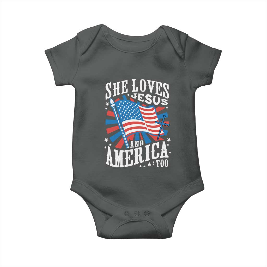 Funny She Loves Jesus And America Too Baby Onesie 4th Of July Patriotic Christian American Flag TS11 Dark Heather Print Your Wear
