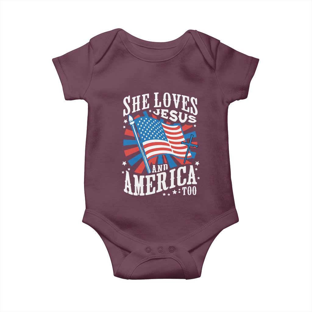 Funny She Loves Jesus And America Too Baby Onesie 4th Of July Patriotic Christian American Flag TS11 Maroon Print Your Wear