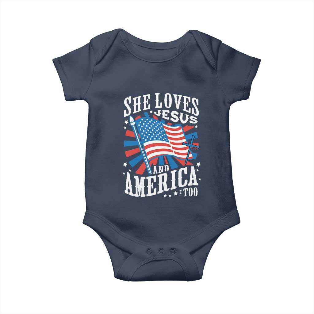 Funny She Loves Jesus And America Too Baby Onesie 4th Of July Patriotic Christian American Flag TS11 Navy Print Your Wear