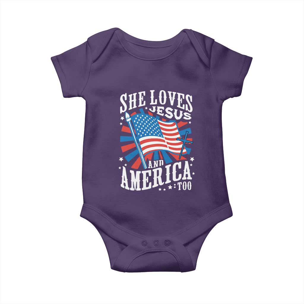 Funny She Loves Jesus And America Too Baby Onesie 4th Of July Patriotic Christian American Flag TS11 Purple Print Your Wear
