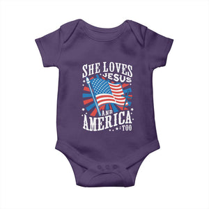 Funny She Loves Jesus And America Too Baby Onesie 4th Of July Patriotic Christian American Flag TS11 Purple Print Your Wear