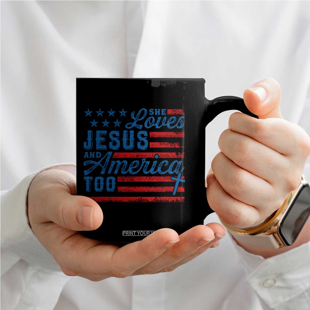Funny She Loves Jesus And America Too Coffee Mug 4th Of July Christian American Flag TS11 Print Your Wear