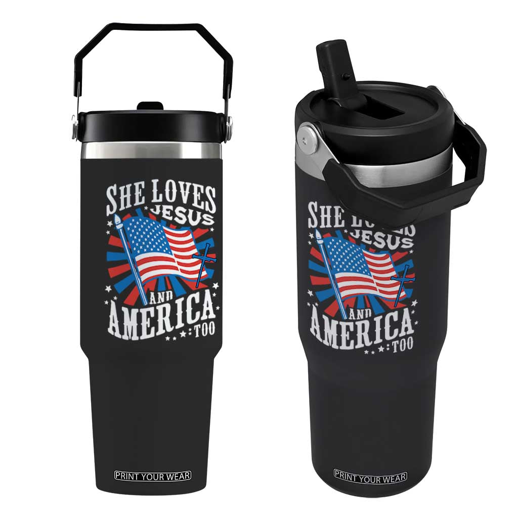 Funny She Loves Jesus And America Too Flip Straw Tumbler 4th Of July Patriotic Christian American Flag TS11 One Size: 30 oz Black Print Your Wear