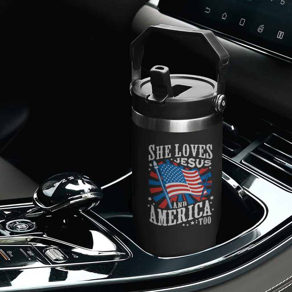 Funny She Loves Jesus And America Too Flip Straw Tumbler 4th Of July Patriotic Christian American Flag TS11 Print Your Wear