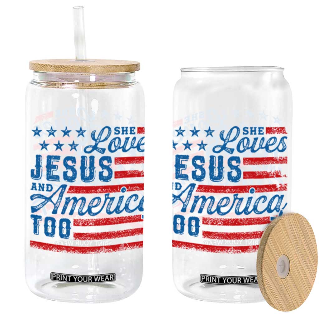 Funny She Loves Jesus And America Too Glass Can 4th Of July Christian American Flag TS11 Black Print Your Wear
