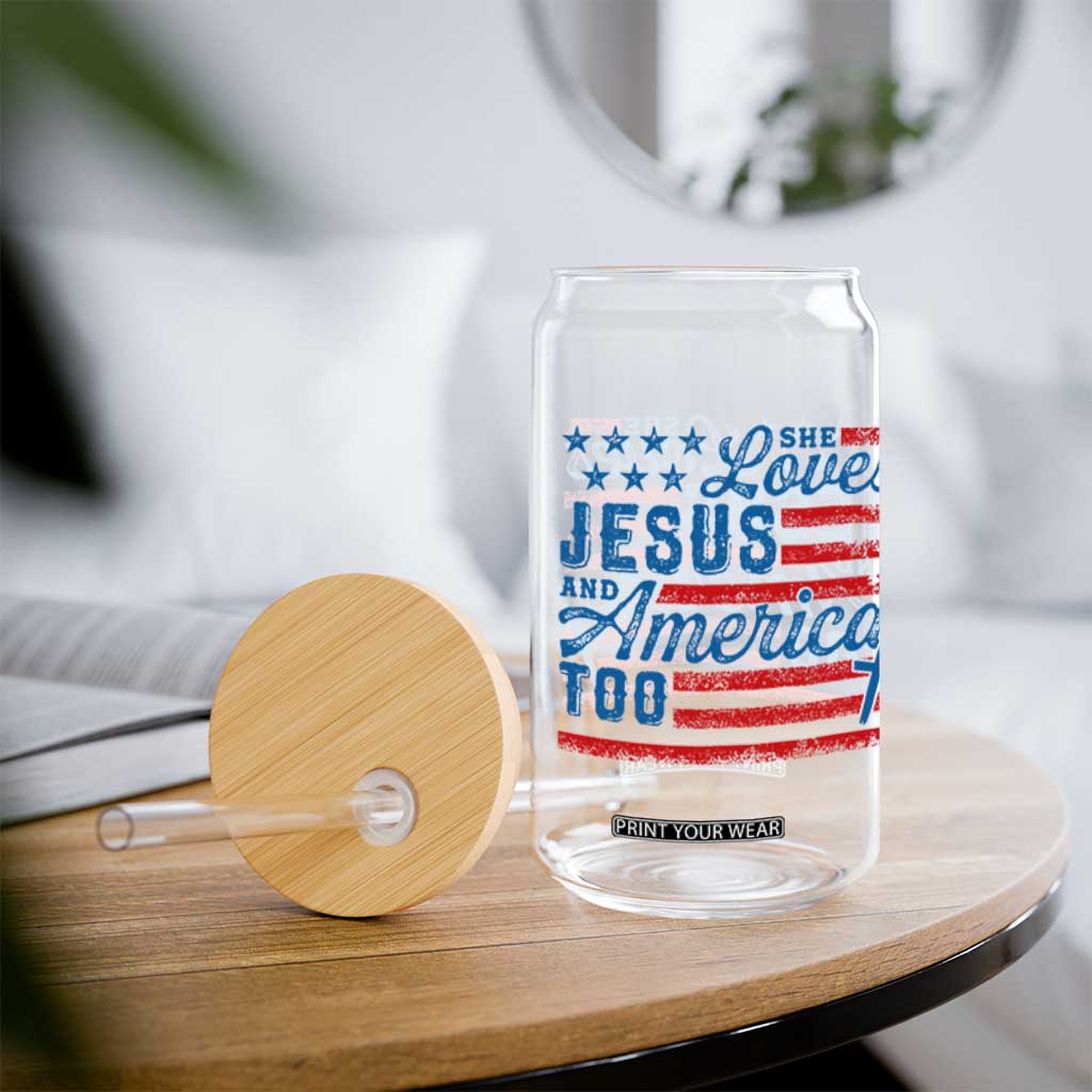 Funny She Loves Jesus And America Too Glass Can 4th Of July Christian American Flag TS11 Print Your Wear