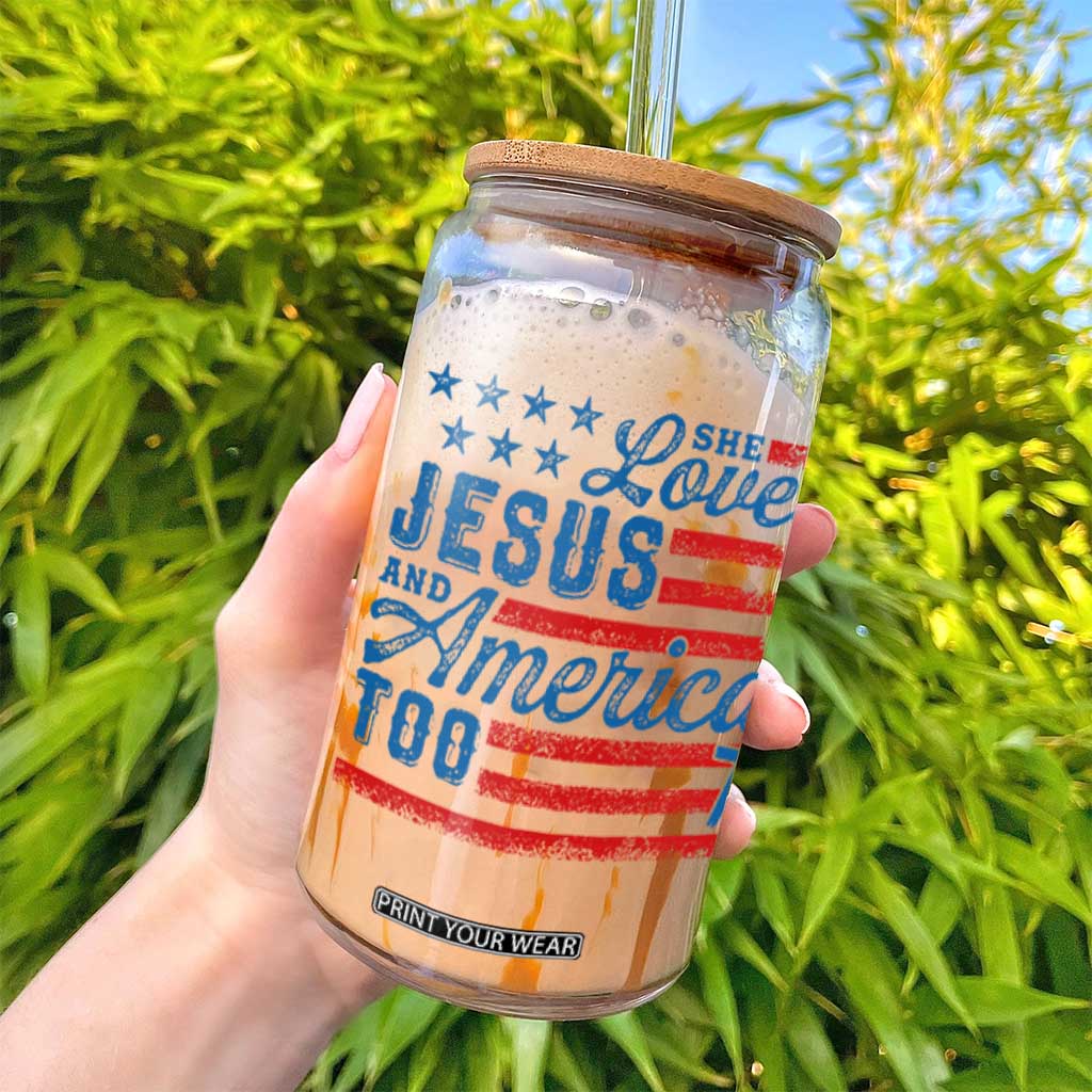 Funny She Loves Jesus And America Too Glass Can 4th Of July Christian American Flag TS11 Print Your Wear