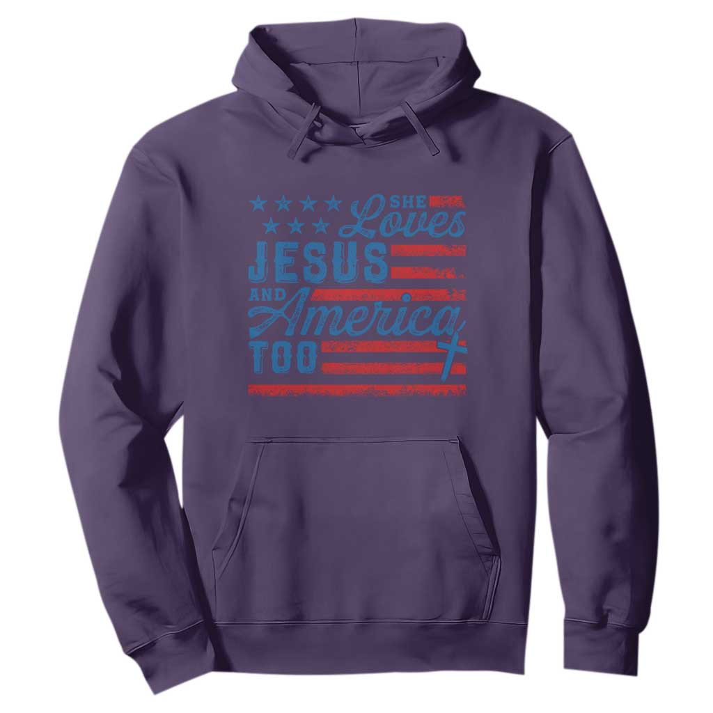 Funny She Loves Jesus And America Too Hoodie 4th Of July Christian American Flag TS11 Purple Print Your Wear