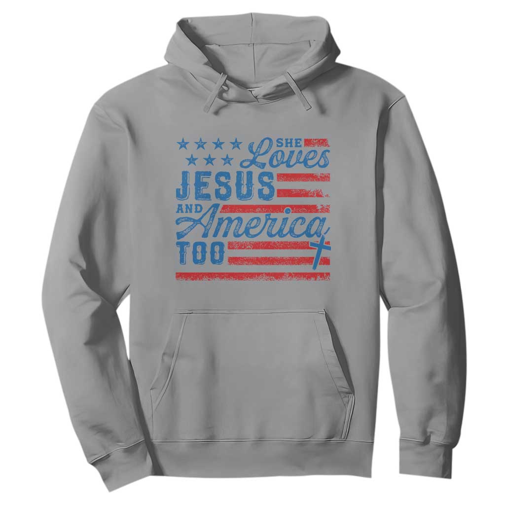 Funny She Loves Jesus And America Too Hoodie 4th Of July Christian American Flag TS11 Sport Gray Print Your Wear
