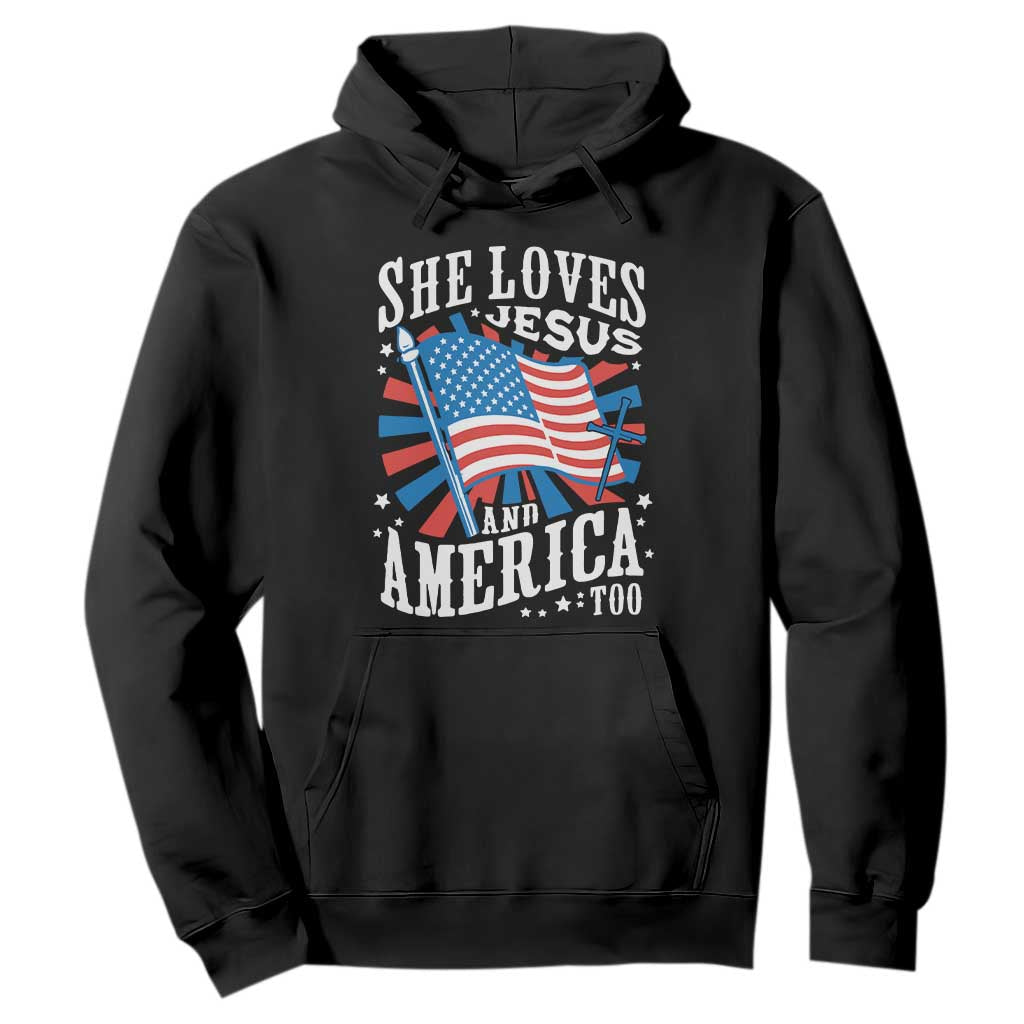 Funny She Loves Jesus And America Too Hoodie 4th Of July Patriotic Christian American Flag TS11 Black Print Your Wear