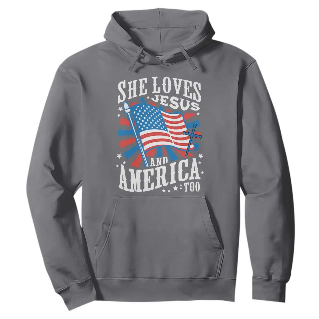 Funny She Loves Jesus And America Too Hoodie 4th Of July Patriotic Christian American Flag TS11 Charcoal Print Your Wear