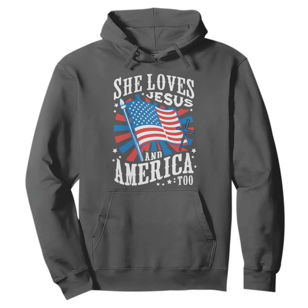 Funny She Loves Jesus And America Too Hoodie 4th Of July Patriotic Christian American Flag TS11 Dark Heather Print Your Wear