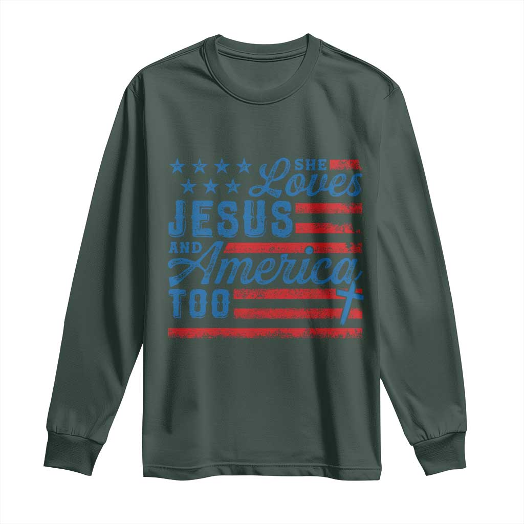 Funny She Loves Jesus And America Too Long Sleeve Shirt 4th Of July Christian American Flag TS11 Dark Forest Green Print Your Wear