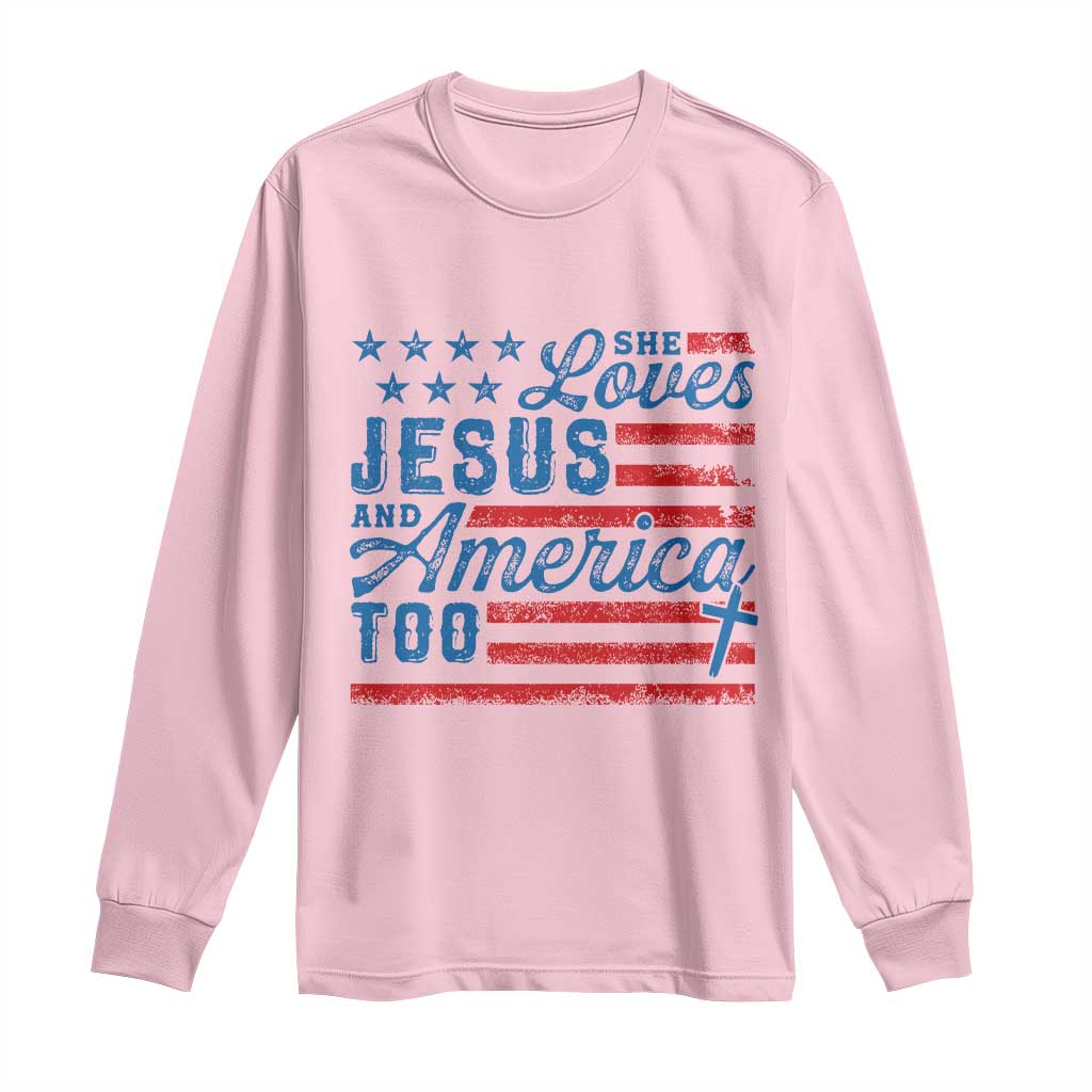 Funny She Loves Jesus And America Too Long Sleeve Shirt 4th Of July Christian American Flag TS11 Light Pink Print Your Wear