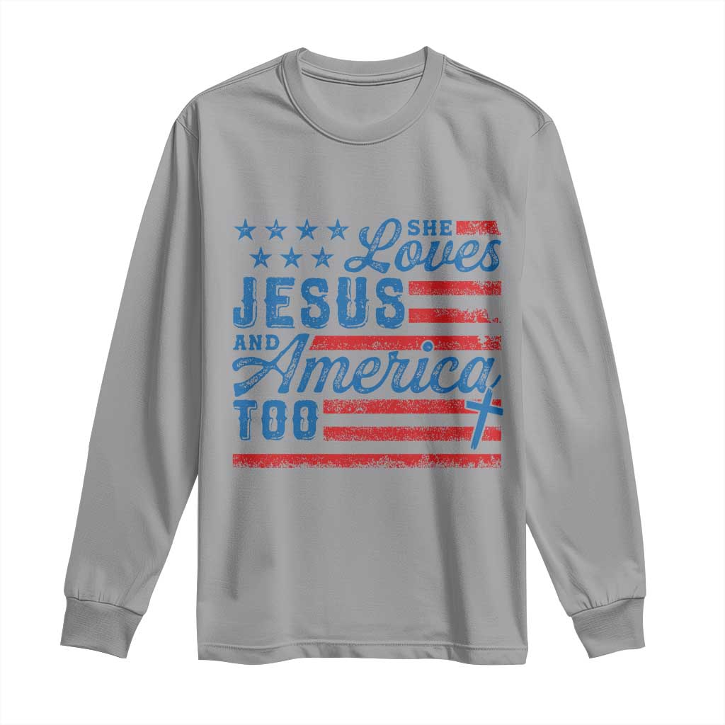 Funny She Loves Jesus And America Too Long Sleeve Shirt 4th Of July Christian American Flag TS11 Sport Gray Print Your Wear