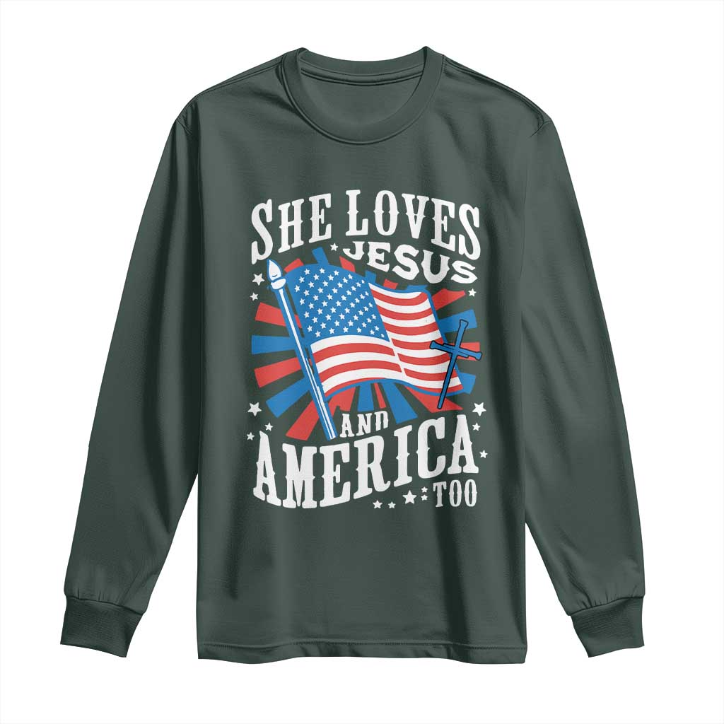 Funny She Loves Jesus And America Too Long Sleeve Shirt 4th Of July Patriotic Christian American Flag TS11 Dark Forest Green Print Your Wear