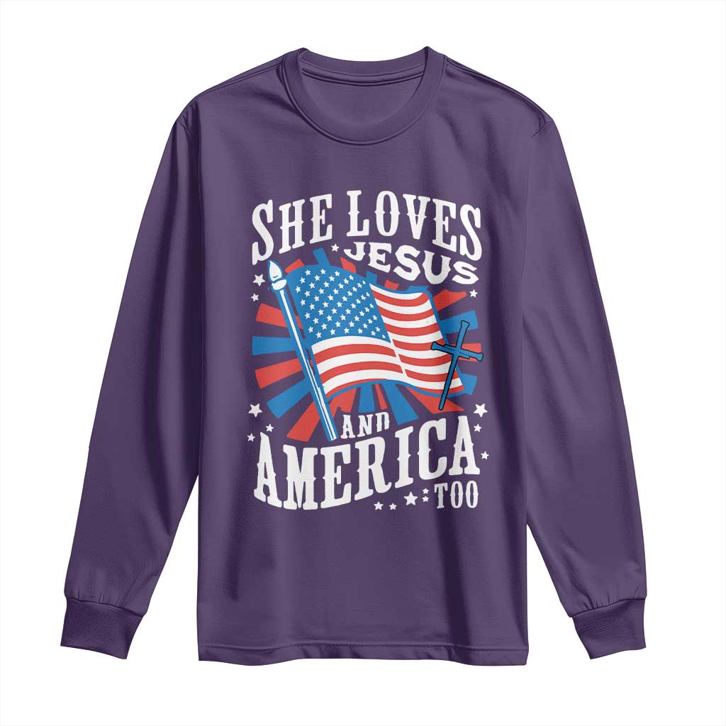 Funny She Loves Jesus And America Too Long Sleeve Shirt 4th Of July Patriotic Christian American Flag TS11 Purple Print Your Wear