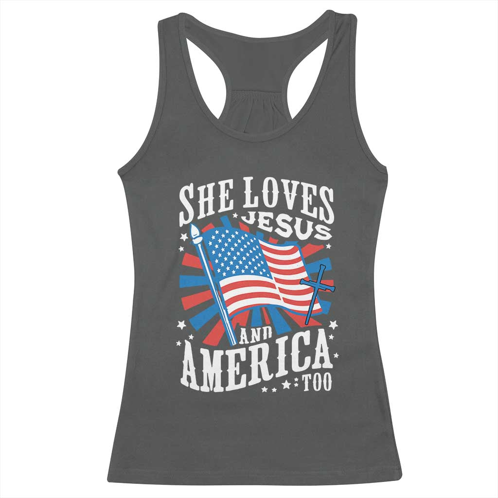 Funny She Loves Jesus And America Too Racerback Tank Top 4th Of July Patriotic Christian American Flag TS11 Dark Heather Print Your Wear
