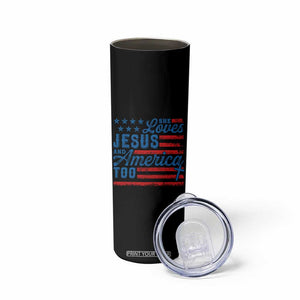 Funny She Loves Jesus And America Too Skinny Tumbler 4th Of July Christian American Flag TS11 Print Your Wear