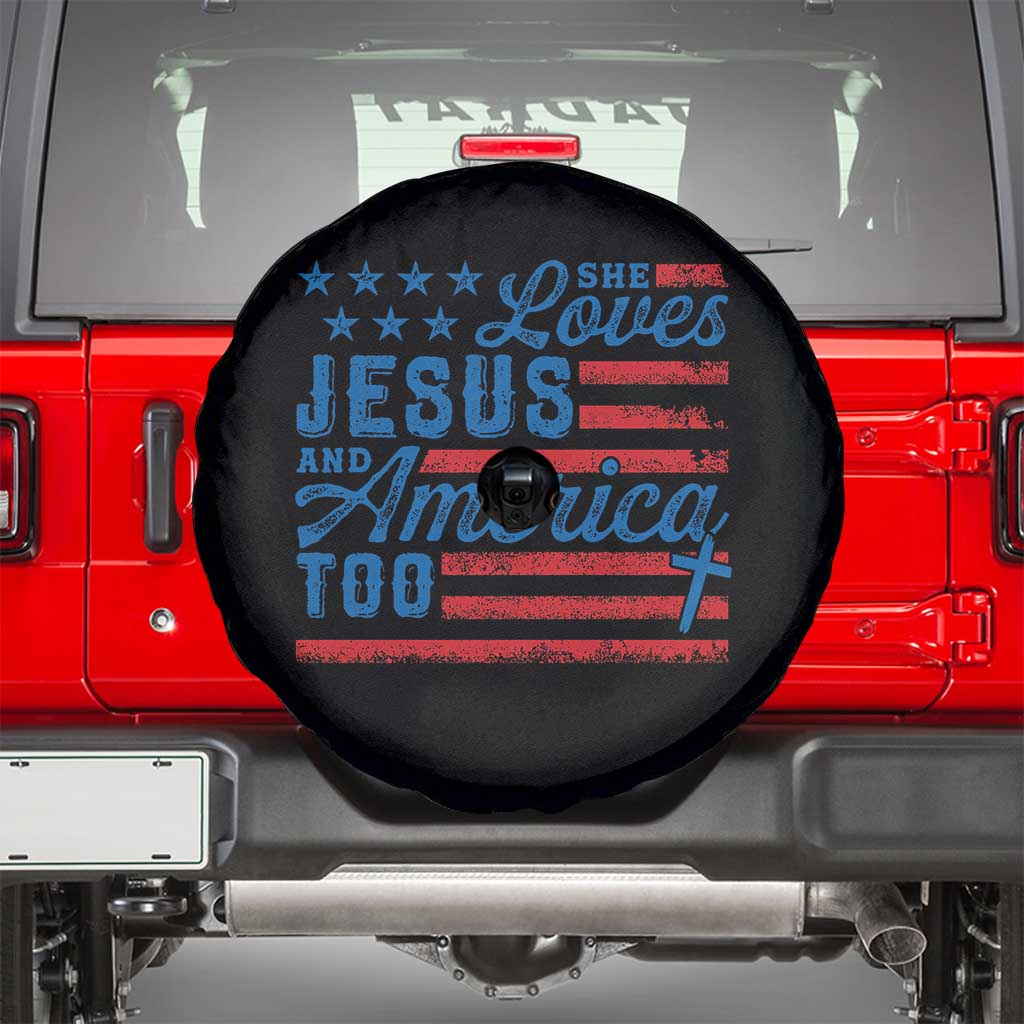 Funny She Loves Jesus And America Too Spare Tire Cover 4th Of July Christian American Flag TS11 Black Print Your Wear