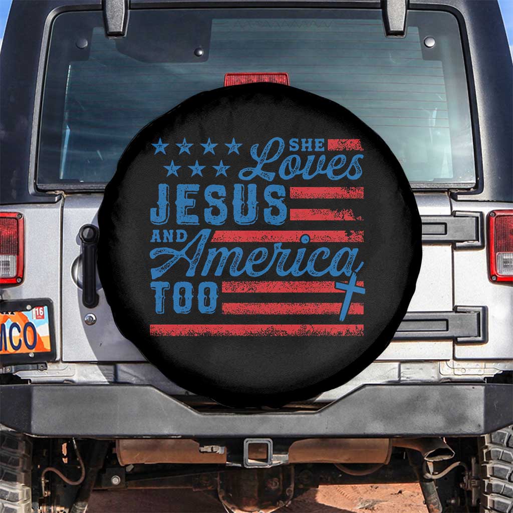 Funny She Loves Jesus And America Too Spare Tire Cover 4th Of July Christian American Flag TS11 No hole Black Print Your Wear