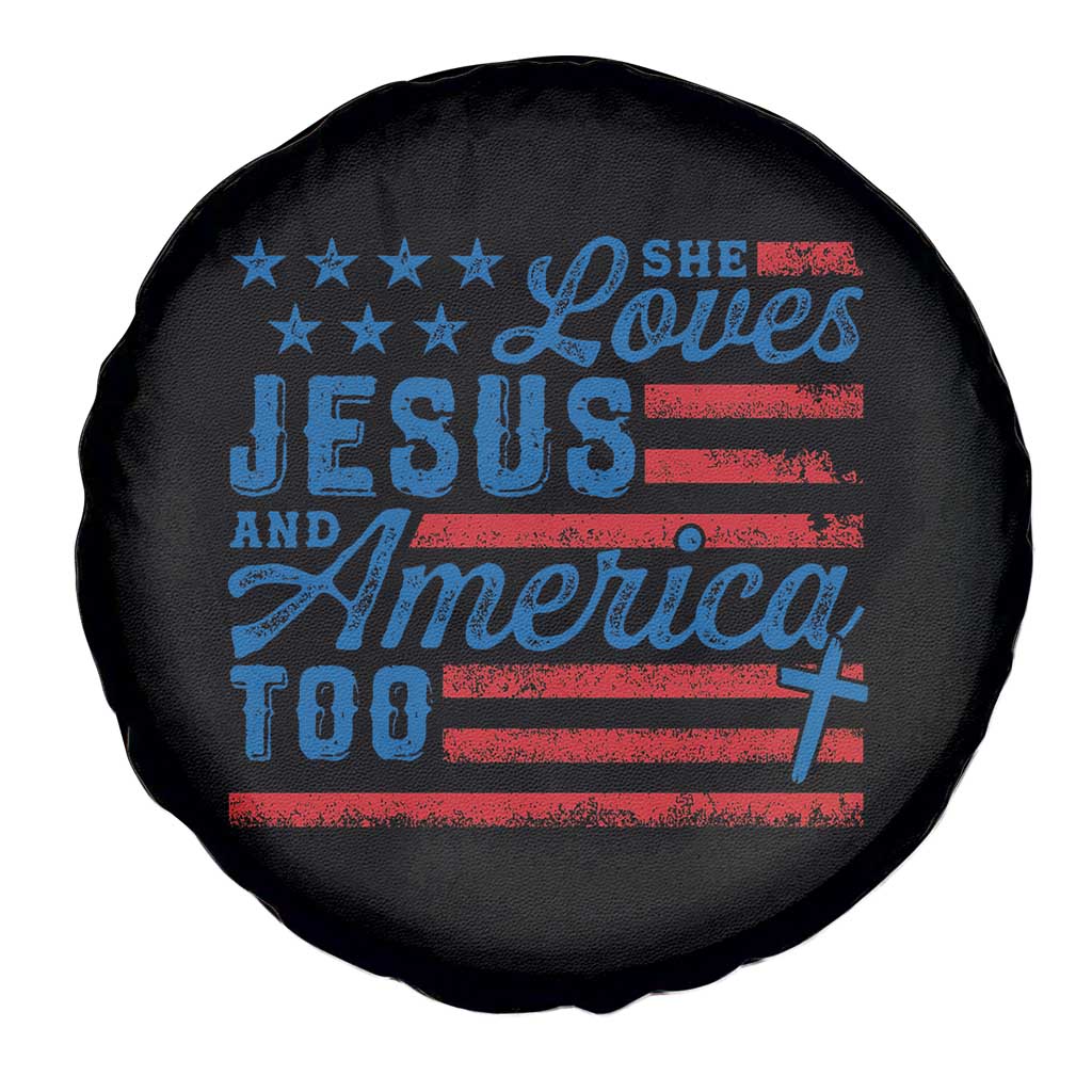 Funny She Loves Jesus And America Too Spare Tire Cover 4th Of July Christian American Flag TS11 Print Your Wear