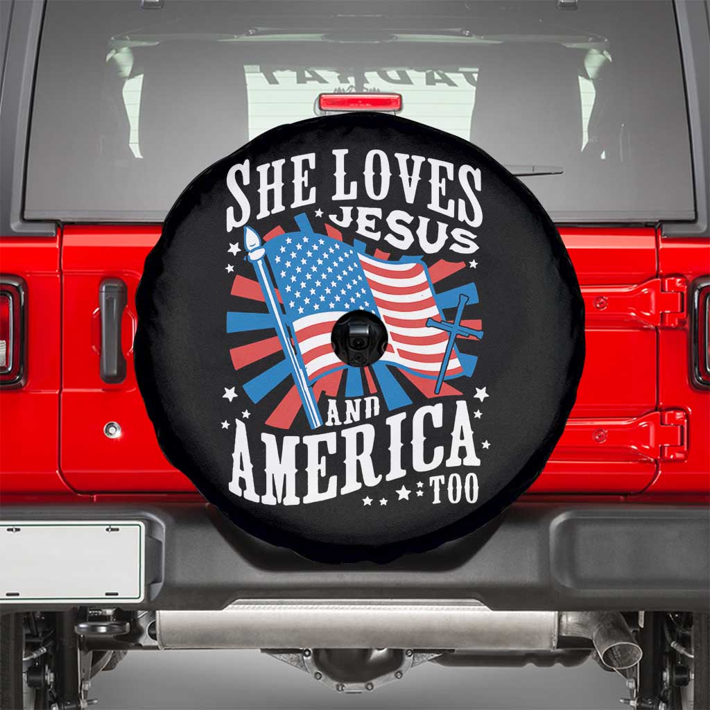 Funny She Loves Jesus And America Too Spare Tire Cover 4th Of July Patriotic Christian American Flag TS11 Black Print Your Wear