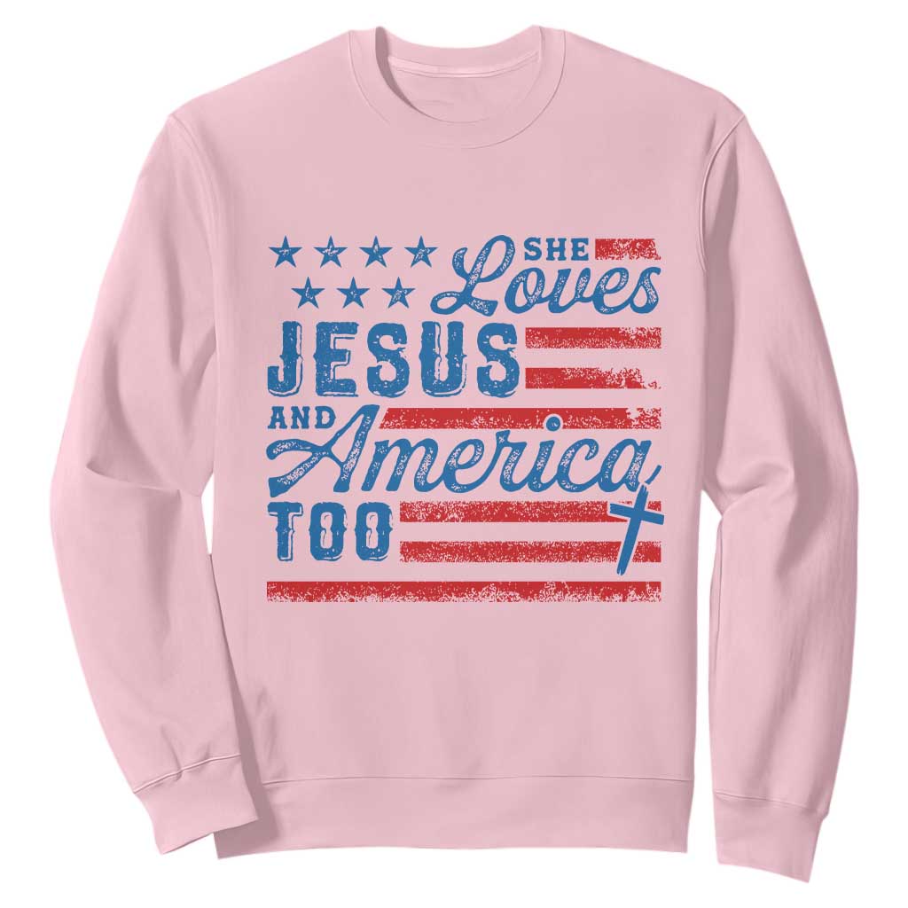 Funny She Loves Jesus And America Too Sweatshirt 4th Of July Christian American Flag TS11 Light Pink Print Your Wear