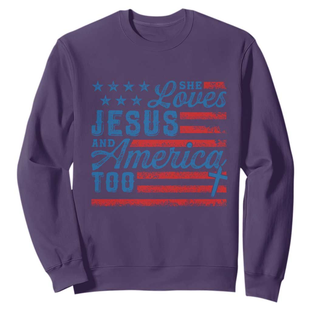 Funny She Loves Jesus And America Too Sweatshirt 4th Of July Christian American Flag TS11 Purple Print Your Wear