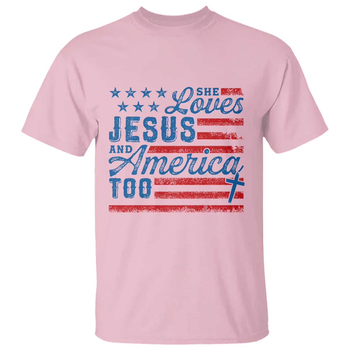 Funny She Loves Jesus And America Too T Shirt 4th Of July Christian American Flag TS11 Light Pink Print Your Wear