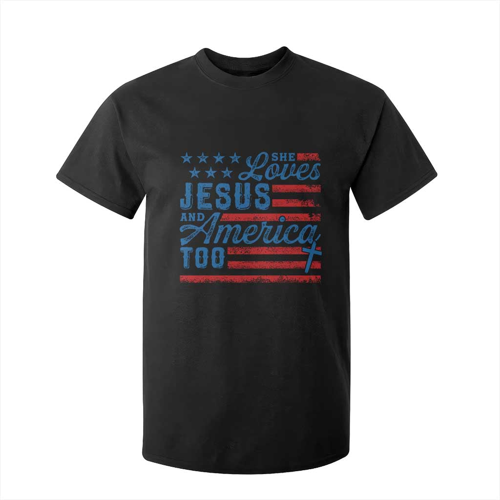 Funny She Loves Jesus And America Too T Shirt For Kid 4th Of July Christian American Flag TS11 Black Print Your Wear