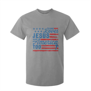 Funny She Loves Jesus And America Too T Shirt For Kid 4th Of July Christian American Flag TS11 Sport Gray Print Your Wear