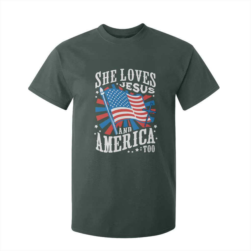 Funny She Loves Jesus And America Too T Shirt For Kid 4th Of July Patriotic Christian American Flag TS11 Dark Forest Green Print Your Wear