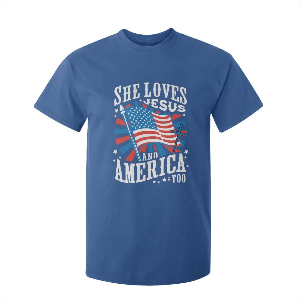 Funny She Loves Jesus And America Too T Shirt For Kid 4th Of July Patriotic Christian American Flag TS11 Royal Blue Print Your Wear