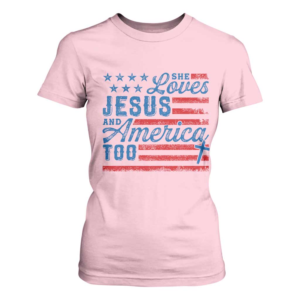 Funny She Loves Jesus And America Too T Shirt For Women 4th Of July Christian American Flag TS11 Light Pink Print Your Wear