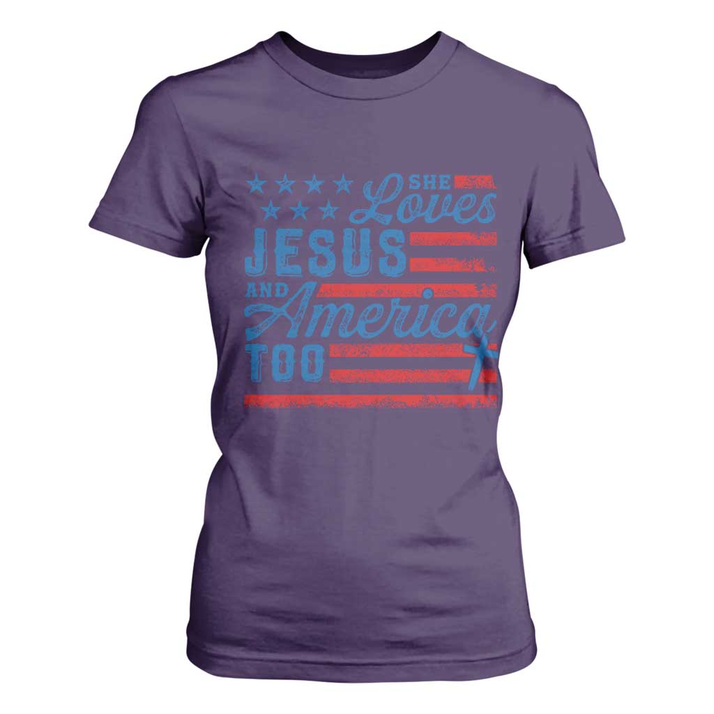 Funny She Loves Jesus And America Too T Shirt For Women 4th Of July Christian American Flag TS11 Purple Print Your Wear