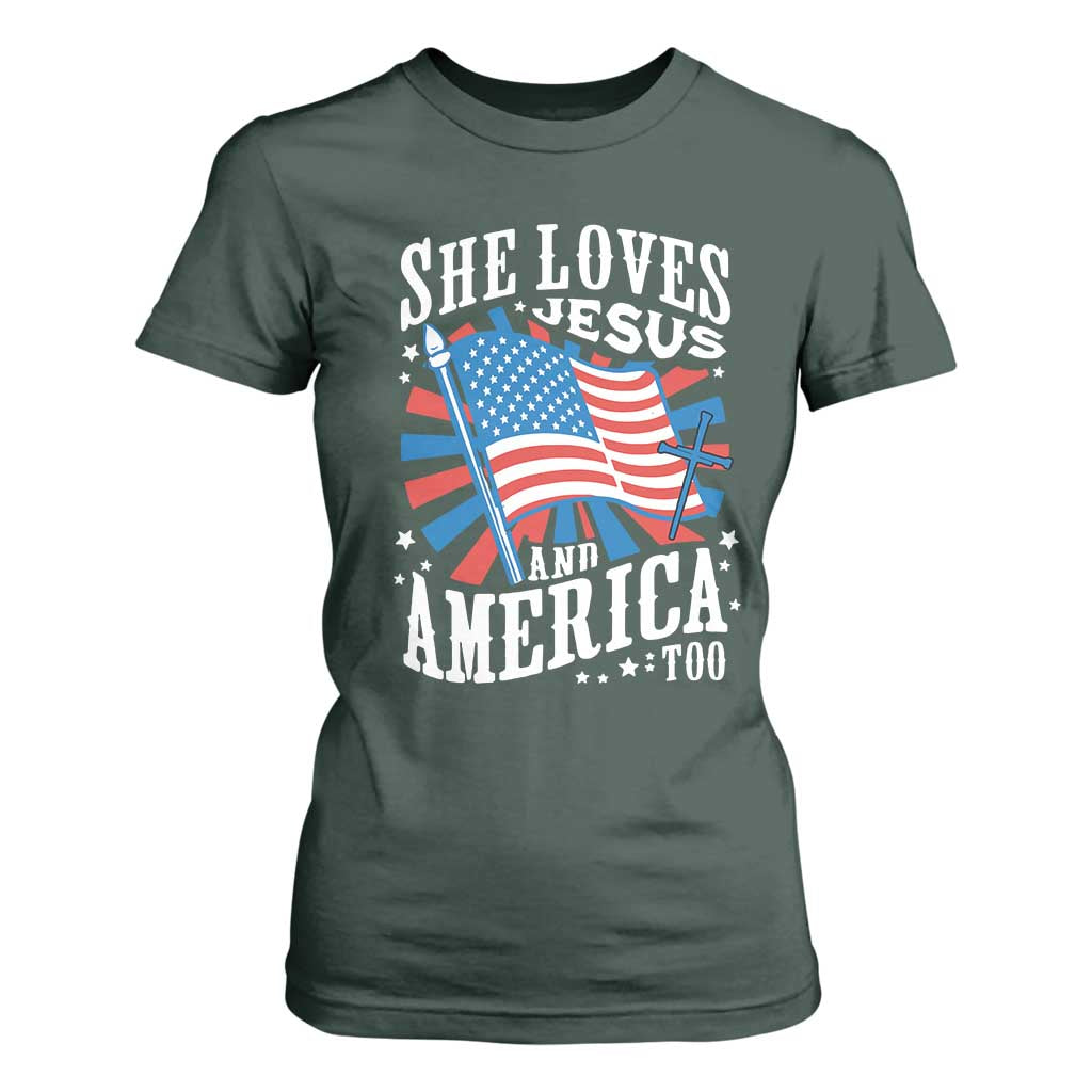 Funny She Loves Jesus And America Too T Shirt For Women 4th Of July Patriotic Christian American Flag TS11 Dark Forest Green Print Your Wear
