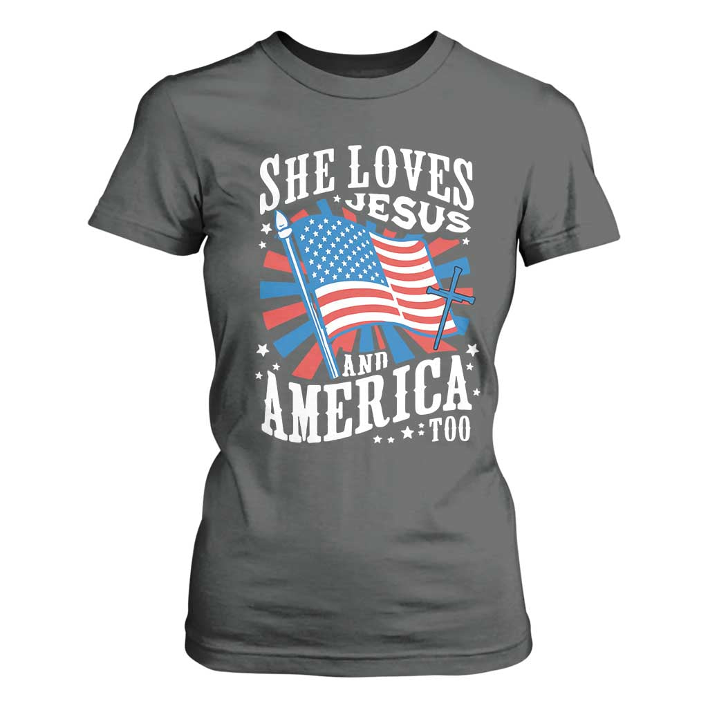 Funny She Loves Jesus And America Too T Shirt For Women 4th Of July Patriotic Christian American Flag TS11 Dark Heather Print Your Wear
