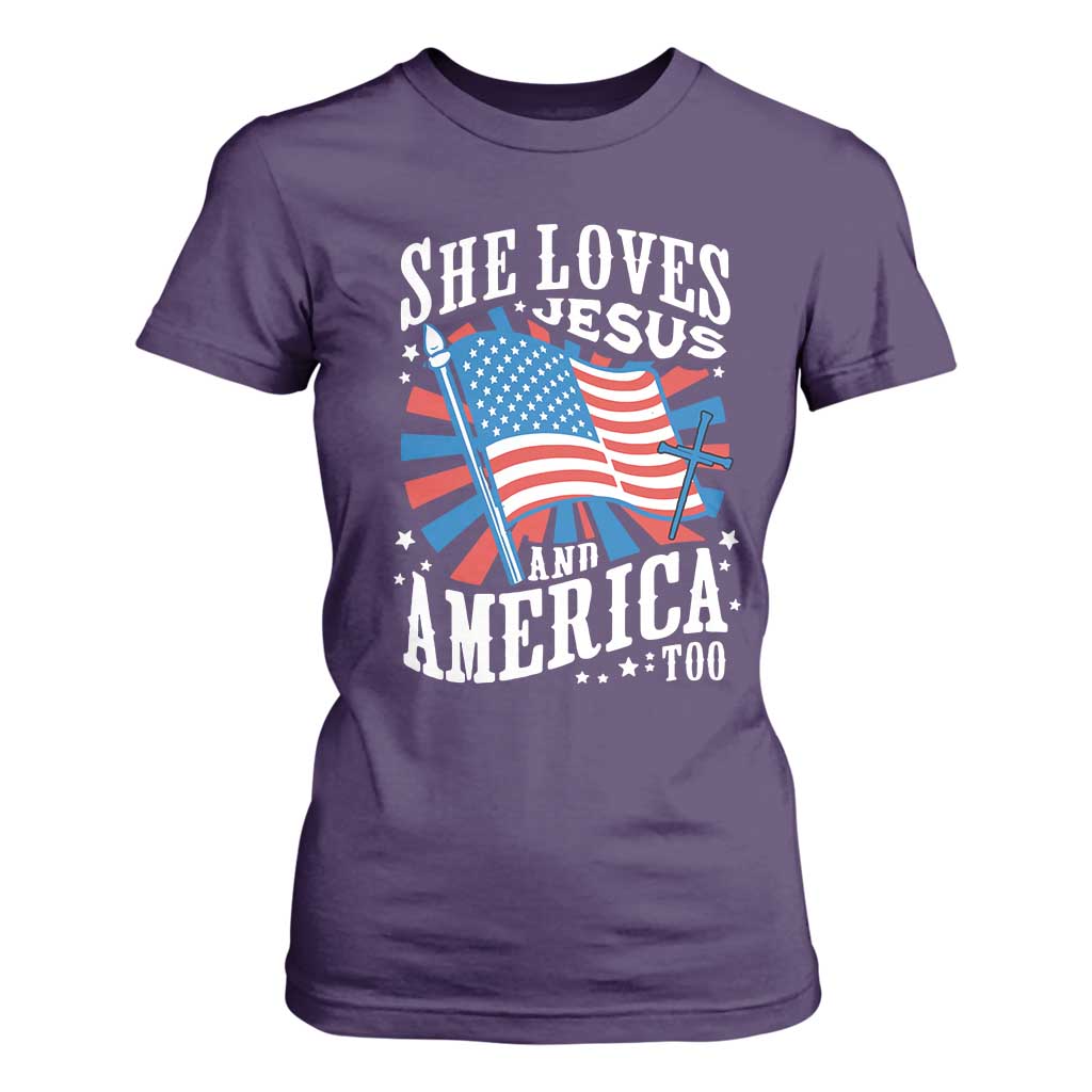 Funny She Loves Jesus And America Too T Shirt For Women 4th Of July Patriotic Christian American Flag TS11 Purple Print Your Wear