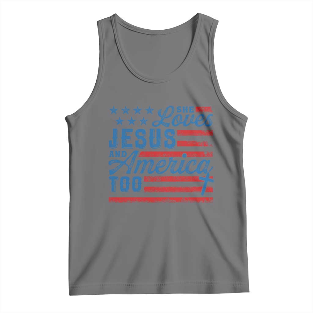 Funny She Loves Jesus And America Too Tank Top 4th Of July Christian American Flag TS11 Black Heather Print Your Wear