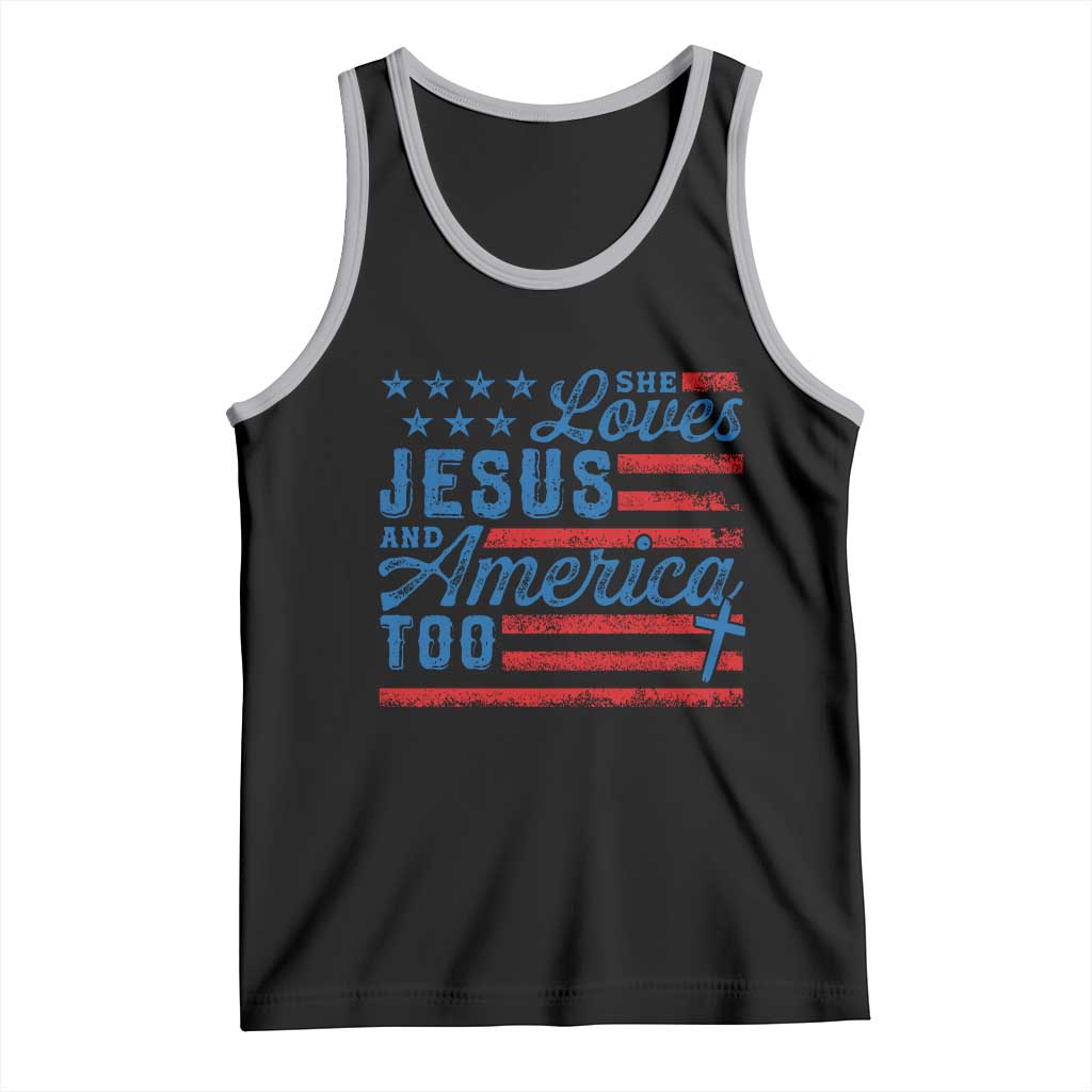 Funny She Loves Jesus And America Too Tank Top 4th Of July Christian American Flag TS11 Black Athletic Heather Print Your Wear
