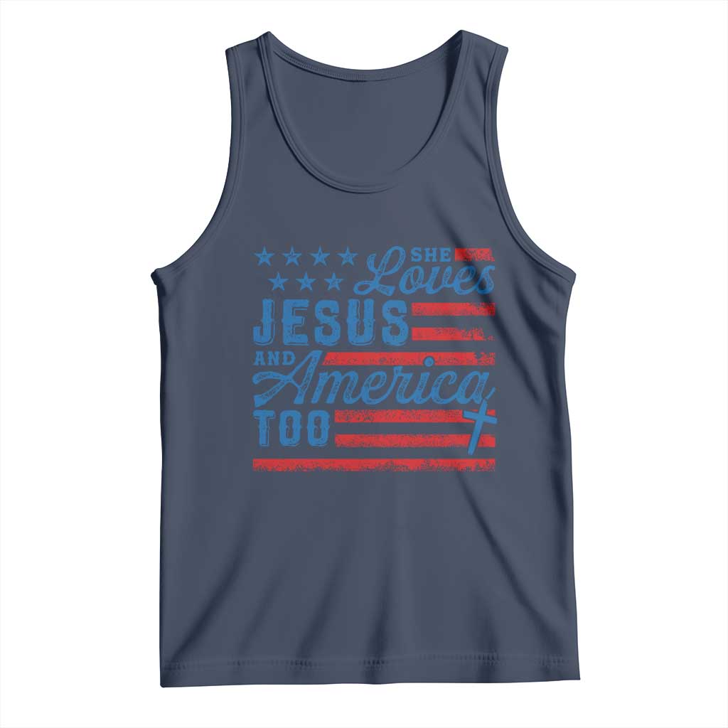 Funny She Loves Jesus And America Too Tank Top 4th Of July Christian American Flag TS11 Navy Print Your Wear