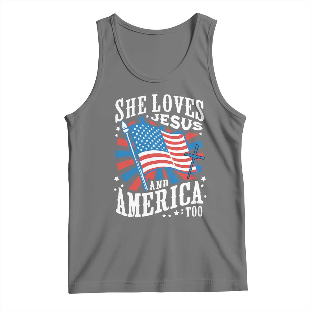 Funny She Loves Jesus And America Too Tank Top 4th Of July Patriotic Christian American Flag TS11 Black Heather Print Your Wear