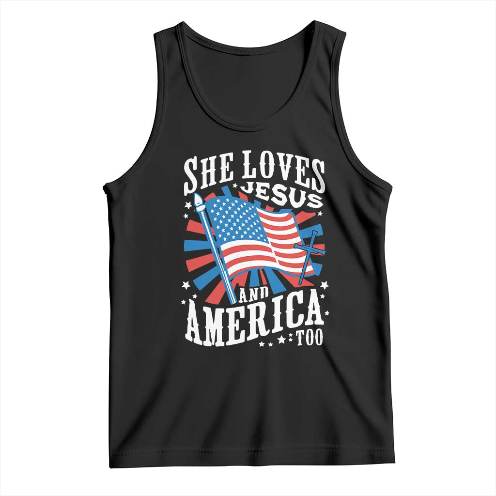 Funny She Loves Jesus And America Too Tank Top 4th Of July Patriotic Christian American Flag TS11 Black Print Your Wear