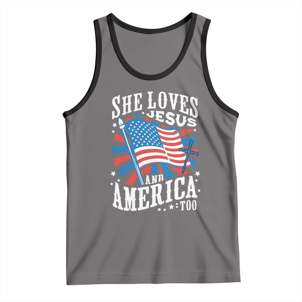 Funny She Loves Jesus And America Too Tank Top 4th Of July Patriotic Christian American Flag TS11 Deep Heather Black Print Your Wear