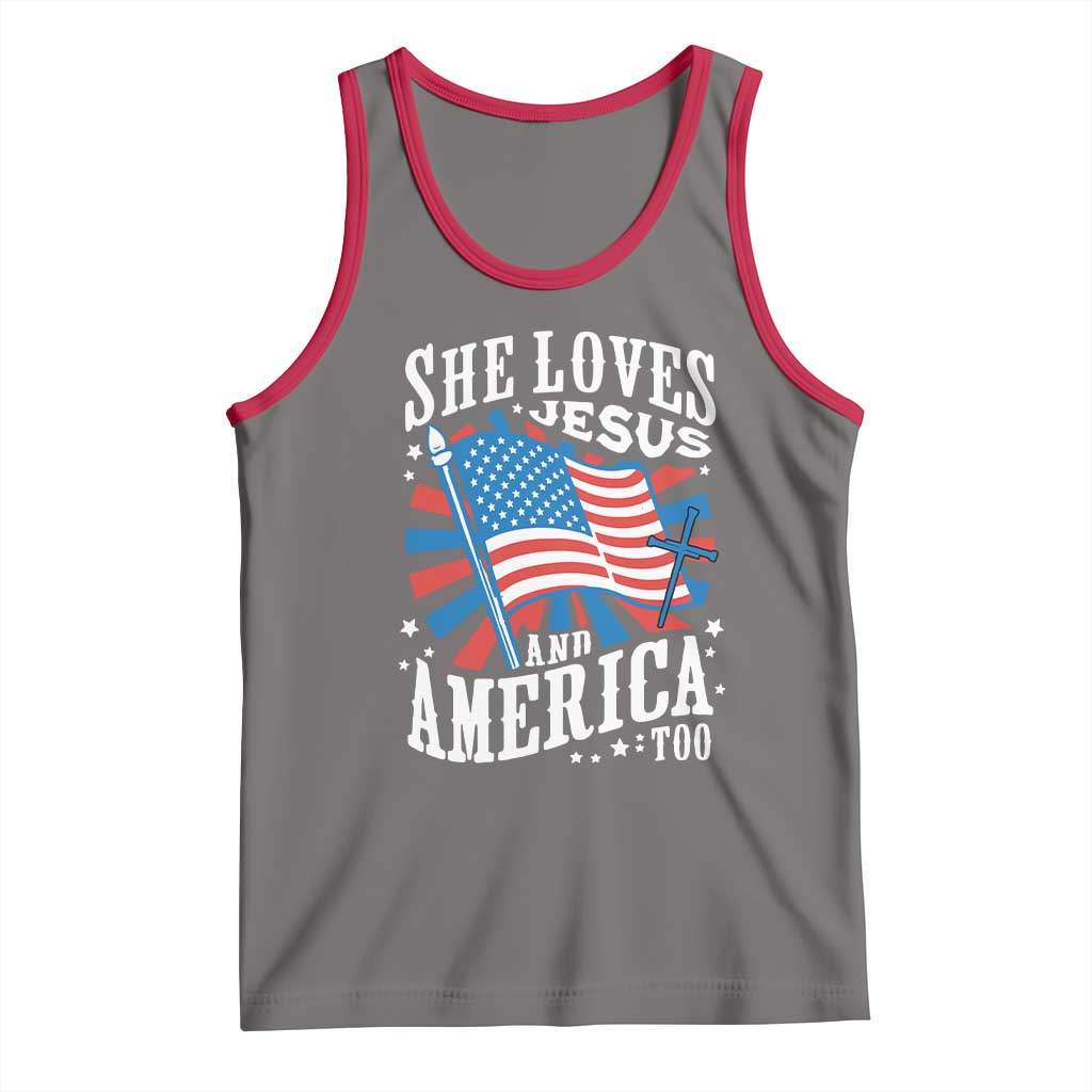 Funny She Loves Jesus And America Too Tank Top 4th Of July Patriotic Christian American Flag TS11 Deep Heather Red Print Your Wear