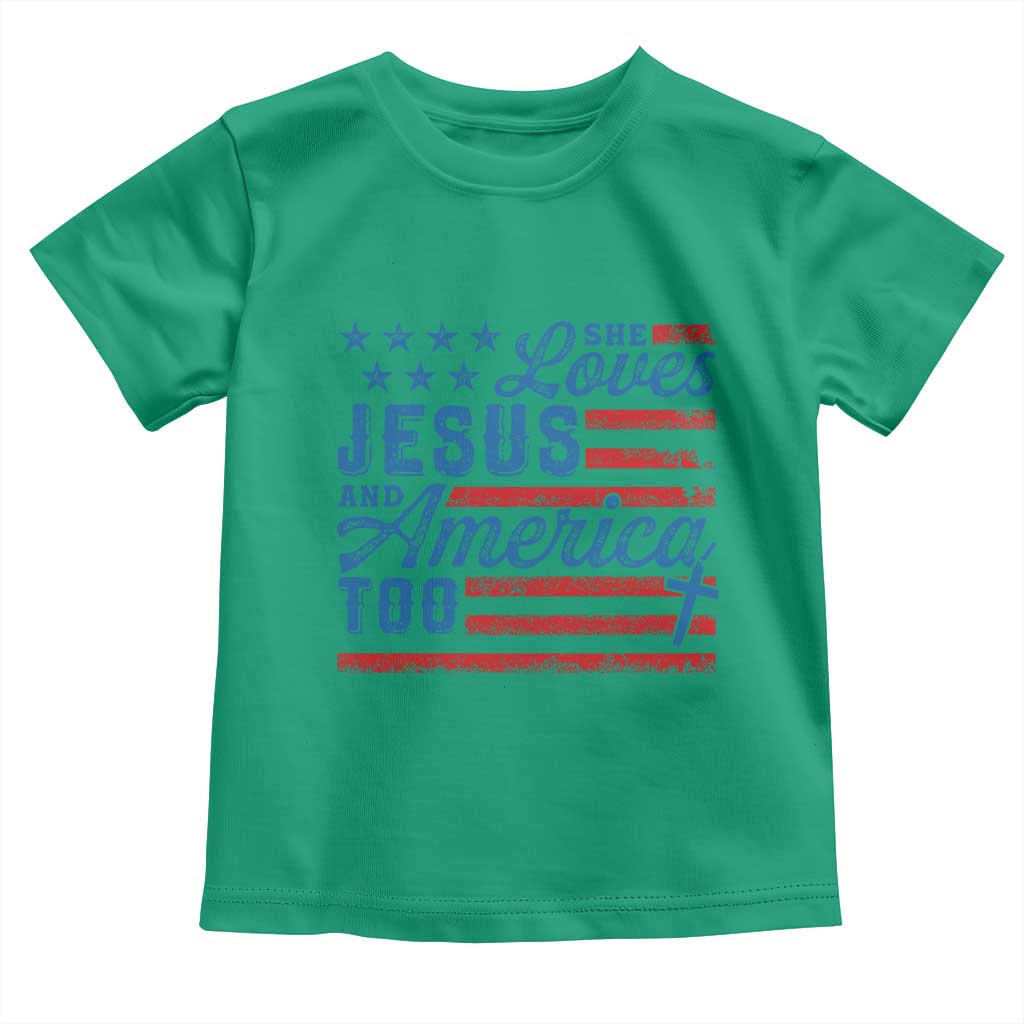 Funny She Loves Jesus And America Too Toddler T Shirt 4th Of July Christian American Flag TS11 Irish Green Print Your Wear