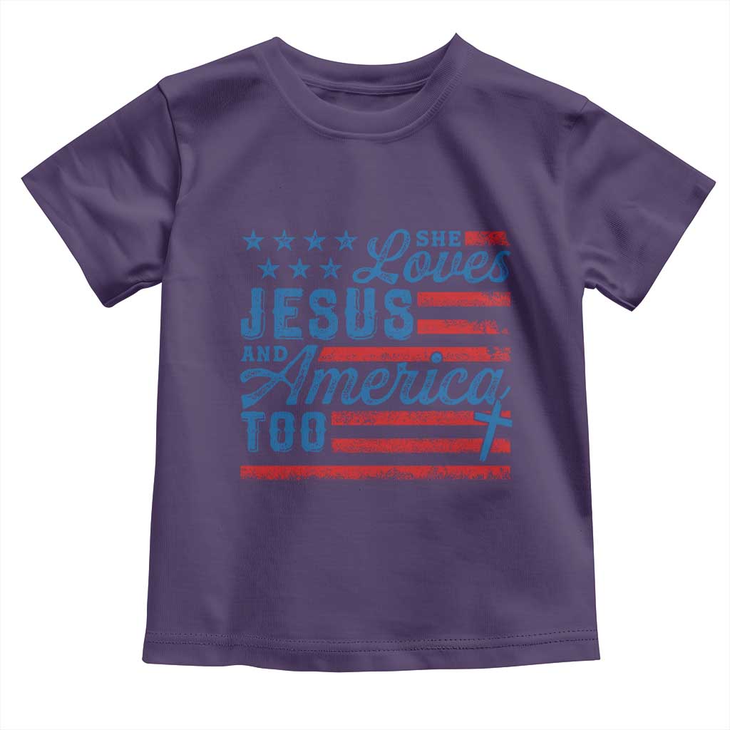 Funny She Loves Jesus And America Too Toddler T Shirt 4th Of July Christian American Flag TS11 Purple Print Your Wear